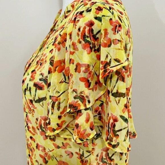 Vince Camuto Yellow Floral Sheer Midi Dress Button Front Side Slits - Picture 3 of 7